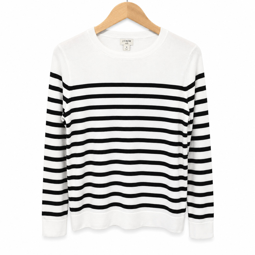 J Crew Factory Teddie Sweater Womens Size Medium White Black Stripe 100% Cotton